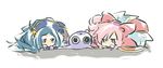  ar_tonelico ar_tonelico_ii blue_hair bow chibi hair_bow hair_ornament hat infel mimimi_(ar_tonelico) multiple_girls nenesha pink_hair simple_background stuffed_animal stuffed_toy yumemitsuki 