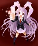  :d animal_ears blazer bunny_ears from_above jacket long_hair necktie open_mouth pointing pointing_at_viewer purple_hair red_eyes red_neckwear reisen_udongein_inaba smile solo touhou v-shaped_eyebrows wara_(warapro) 