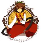  animal_ears bad_id bad_pixiv_id bell bow brown_hair cat_ears cat_tail chen dress frills gathers hat mofuko multiple_tails red_eyes ribbon solo tail touhou 