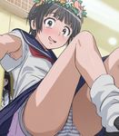  armpit_peek armpits black_hair blush haruyama_kazunori head_wreath himegami_aisa legs loose_socks panties pantyshot sakugawa_school_uniform school_uniform serafuku short_hair skirt socks solo striped striped_panties tears to_aru_kagaku_no_railgun to_aru_majutsu_no_index uiharu_kazari underwear up_sleeve upskirt 