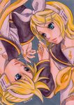  1girl 2009 aqua_eyes blonde_hair brother_and_sister dated ganyapin hair_ornament hair_ribbon hairclip headphones headset kagamine_len kagamine_rin nail_polish necktie orange_nails ribbon short_hair siblings traditional_media twins vocaloid 