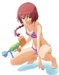  bad_id bad_pixiv_id barefoot bikini braid collarbone darker_than_black feet flat_chest green_eyes hair_ribbon hands highres ponytail red_hair ribbon sakizaki_yuuho shadow single_braid solo squatting striped striped_bikini suou_pavlichenko swimsuit water_gun wet 