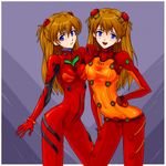  artist_request blue_eyes blush bodysuit breast_press breasts dual_persona hand_on_hip long_hair lowres medium_breasts multicolored multicolored_bodysuit multicolored_clothes multiple_girls neon_genesis_evangelion orange_bodysuit orange_hair plugsuit rebuild_of_evangelion red_bodysuit see-through shikinami_asuka_langley skin_tight small_breasts souryuu_asuka_langley test_plugsuit time_paradox 