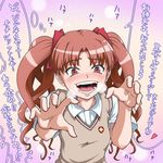  ayanagi_gumimi blush brown_hair female_pervert foreshortening hair_ribbon hands heart pervert red_eyes ribbon saliva shirai_kuroko solo sweat to_aru_kagaku_no_railgun to_aru_majutsu_no_index translated twintails you_gonna_get_raped 