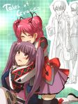 2girls asbel_lhant back_bow bad_id bad_pixiv_id bow cheria_barnes copyright_name hubert_ozwell multiple_boys multiple_girls purple_eyes purple_hair purple_skirt red_hair sanako skirt sophie_(tales) tales_of_(series) tales_of_graces thighhighs twintails two_side_up 