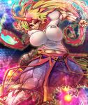  blonde_hair breasts cup eyebrows horn hoshiguma_yuugi huge_breasts impossible_clothes impossible_shirt kage_houshi long_hair muscle pointy_ears red_eyes sakazuki shirt solo touhou 
