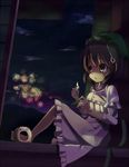  aerial_fireworks animal_ears bad_id bad_pixiv_id barefoot brown_eyes brown_hair cat_ears cat_tail chen earrings fireworks hat hidebo incense jewelry kayari_buta lighter multiple_tails night nightgown short_hair solo tail touhou 