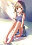  bakemonogatari barefoot feet foreshortening legs long_legs monogatari_(series) one-piece_swimsuit school_swimsuit sengoku_nadeko sitting skirt solo swimsuit swimsuit_under_clothes takoyaki_(roast) 