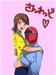  1girl bad_id bad_pixiv_id brown_hair couple hetero hug kn96 mask shirt short_hair sunred t-shirt tentai_senshi_sunred uchida_kayoko 