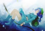  backpack bag blue_eyes blue_hair boots cattail hair_bobbles hair_ornament hat iwamoto_zerogo kawashiro_nitori key midriff plant skirt solo touhou twintails two_side_up underwater wet wet_clothes 