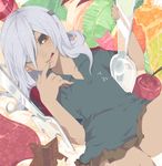  cherry crossdressing dark_skin dark_skinned_male eyepatch food fork fruit highres inazuma_eleven inazuma_eleven_(series) kiwifruit licking male_focus orange_eyes sakuma_jirou silver_hair skirt solo spoon strawberry takesouko tongue 