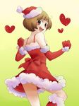  bare_shoulders blush boots brown_eyes brown_hair christmas dress elbow_gloves gloves hat heart looking_back mysk918 panties persona persona_4 red_gloves ribbon santa_costume santa_hat satonaka_chie short_hair skirt smile solo underwear 