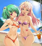  bad_id bad_pixiv_id bandeau beach bikini blue_eyes day green_hair groin hair_ornament heart highres macross macross_frontier multiple_girls navel open_mouth outdoors ranka_lee red_eyes sahare sheryl_nome star swimsuit 