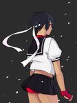  bad_id bad_pixiv_id black_hair black_sailor_collar black_skirt buruma cherry_blossoms dark_persona fingerless_gloves from_behind gloves headband kasugano_sakura midriff nekogasuki panties pantyshot pleated_skirt red_eyes sailor_collar school_uniform serafuku short_hair simple_background skirt solo street_fighter underwear 