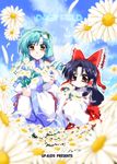  black_hair blue_sky blush bow brown_eyes dated day detached_sleeves flower frog_hair_ornament green_eyes green_hair hair_bow hair_ornament hakurei_reimu kochiya_sanae looking_at_viewer multiple_girls red_bow ribbon-trimmed_sleeves ribbon_trim sky takana_shinno tareme text_focus touhou 