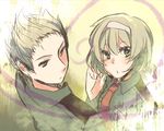  1girl axis_powers_hetalia bad_id bad_pixiv_id belgium_(hetalia) blonde_hair brother_and_sister brown_eyes brown_hair green_eyes hair_ribbon konatsu_hare military military_uniform netherlands_(hetalia) ribbon siblings sideburns spiked_hair uniform 