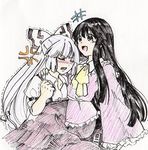  angry black_hair blush clenched_hand clenched_teeth closed_eyes colored_pencil_(medium) dress frills fujiwara_no_mokou hair_ribbon happy houraisan_kaguya long_hair mokkouyou_bondo multiple_girls open_mouth ribbon shirt teeth touhou traditional_media white_shirt wide_sleeves 