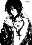  2008 absurdres dissidia_final_fantasy final_fantasy final_fantasy_viii fur_trim greyscale highres jacket jewelry male_focus monochrome necklace scar solo squall_leonhart teddy_(khanshin) white_background 