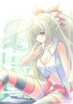  adapted_costume bow breasts cigarette cleavage fujiwara_no_mokou hair_bow hair_ribbon kibushi large_breasts long_hair multicolored multicolored_clothes multicolored_legwear red_eyes ribbon shorts silver_hair smoking solo striped striped_legwear suspenders thighhighs touhou 