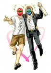  blue_(tentai_senshi_sunred) clothes_writing drunk flip-flops mask multiple_boys pinki_(shounenkakuseiya) sandals shirt shorts sunred t-shirt tentai_senshi_sunred 