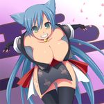  bell bell_collar blue_hair breasts cleavage collar downblouse fingerless_gloves gloves green_eyes grin large_breasts leaning_forward long_hair nase rance_(series) sengoku_rance smile solo suzume_(rance) thighhighs 