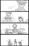  4koma armor buront comic dancer elf elvaan esaka final_fantasy final_fantasy_xi gauntlets greyscale helmet hume kitanai_ninja m.u.g.e.n monochrome multiple_boys ninja paladin_(final_fantasy) pointy_ears shield silent_comic sword vaan_(ff11) weapon 