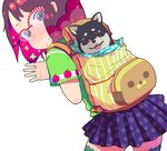  animal backpack bag copyright_request dog in_bag in_container looking_back mitarashi_(ino_niban_chaya) multicolored multicolored_eyes multicolored_hair shiba_inu solo thighhighs waving 
