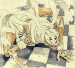  all_fours asura_(soul_eater) bandages checkered checkered_floor eyes gorigo highres male_focus open_mouth solo soul_eater teeth tongue tongue_out traditional_media 