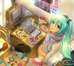  aqua_eyes aqua_hair bad_id bad_pixiv_id book bottomless computer figure from_above hatsune_miku highres kotatsu laptop long_hair looking_up messy_room omimushi solo table television tissue twintails vocaloid 