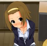  :/ blazer blush breasts brown_eyes brown_hair cleavage hairband jacket k-on! kaisen_chuui medium_breasts school_uniform short_hair solo tainaka_ritsu untied yellow_hairband 