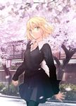  blonde_hair cherry_blossoms cross jewelry kyoto necklace original pantyhose short_hair skirt solo takeuchi_takashi 