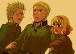  1girl 2boys axis_powers_hetalia belgium_(hetalia) blonde_hair blue_eyes blush brother_and_sister germany_(hetalia) green_eyes hair_ribbon military military_uniform multiple_boys netherlands_(hetalia) ribbon saku_(saku-maki) siblings sweat uniform 