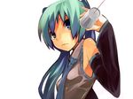  aqua_eyes aqua_hair bad_id bad_pixiv_id detached_sleeves gan_(shanimuni) hatsune_miku long_hair necktie simple_background solo string_phone twintails vocaloid 