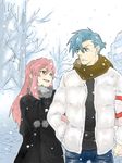  1girl alternate_costume blue_hair breath casual coat cold contemporary couple gift hair_down hetero holding holding_gift kamina red_hair ru&amp;pauda_(artist) scarf snow tegaki tengen_toppa_gurren_lagann walking winter yoko_littner 