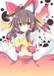  animal_ears bow brown_eyes brown_hair cat_ears detached_sleeves hair_bow hakurei_reimu japanese_clothes kemonomimi_mode kurata_yumi long_hair midriff navel paw_print ribbon smile solo touhou 