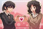  amagami black_eyes black_hair blush heart heart_hands heart_hands_duo kibito_high_school_uniform long_sleeves messy_hair multiple_girls school_uniform short_hair smile sweater tamago_(yotsumi_works) tanamachi_kaoru tsukahara_hibiki wavy_hair 