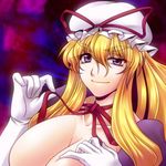  bad_id bad_pixiv_id blonde_hair breasts cleavage gloves hat large_breasts long_hair ootsuki_wataru purple_eyes solo touhou white_gloves yakumo_yukari 