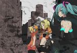  2girls ahoge aqua_eyes aqua_hair bad_id bad_pixiv_id blonde_hair bow city dress elbow_gloves gloves hair_bow hair_ornament hairpin hatsune_miku headphones hood hoodie kagamine_len kagamine_rin midriff multiple_girls nata short_hair shorts siblings twintails vocaloid 