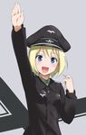  arm_up blonde_hair blue_eyes erica_hartmann hat military military_uniform open_mouth peaked_cap short_hair smile solo strike_witches uniform whistle world_witches_series youkan 