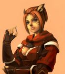  1girl animal_ears breasts cat_ears cat_eyes cleavage female final_fantasy final_fantasy_xi fingerless_gloves gloves grey_eyes kotori_(pixiv31561) mithra red_hair redhead short_hair simple_background slit_pupils solo 