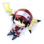  baseball_cap chibi gen_1_pokemon hat holding holding_poke_ball kagami_leo male_focus pikachu pixiv_red poke_ball pokemon pokemon_(creature) pokemon_(game) pokemon_rgby red_(pokemon) red_(pokemon_rgby) snow 