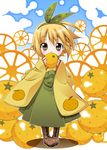  bad_id bad_pixiv_id blonde_hair blush boots covering_mouth food food_themed_clothes four_horizontal_bars fruit hairband highres holding holding_food holding_fruit looking_at_viewer mittan orange original personification pigeon-toed short_hair shy solo 