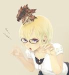  black-framed_eyewear blonde_hair blue_eyes breasts claw_pose dragon glasses hands monster_hunter open_mouth rathalos shirt short_hair short_sleeves simple_background small_breasts solo tamura_tatsuya translated upper_teeth white_shirt wyvern 