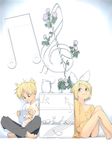  1girl akinbo_(hyouka_fuyou) bad_id bad_pixiv_id barefoot blonde_hair brother_and_sister flower green_eyes hair_ornament hair_ribbon hairclip handheld_game_console kagamine_len kagamine_rin musical_note playstation_portable ribbon short_hair siblings sitting smile twins vocaloid 