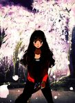  bag black_hair cherry_blossoms copyright_request kobayashi_jin long_hair night pants solo 