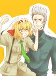  1girl asmarine axis_powers_hetalia bad_id bad_pixiv_id belgium_(hetalia) blonde_hair brother_and_sister green_eyes grey_hair hair_ribbon military military_uniform necktie netherlands_(hetalia) petting ribbon siblings sideburns sleeves_rolled_up uniform yellow_eyes 