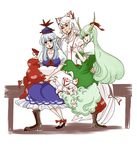  breast_grab breasts child cigarette closed_eyes dress dual_persona ex-keine fujiwara_no_mokou grabbing hair_ribbon happy hat horns kamishirasawa_keine large_breasts long_hair multiple_girls open_mouth ribbon shirt shoes sitting tadashi tail time_paradox touhou white_shirt yuri 