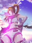  1girl brown_eyes brown_hair cloud clouds dagger elbow_gloves female gloves hoshi_kirari hoshikirari kunoichi_(sengoku_musou) long_hair midriff outdoors ponytail scarf sengoku_musou sengoku_musou_3 short_shorts shorts sky solo thigh-highs thighhighs weapon 