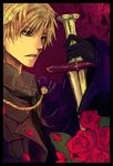  axis_powers_hetalia blonde_hair flower green_eyes jpeg_artifacts male_focus necktie rose solo sword united_kingdom_(hetalia) weapon 