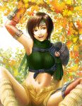  arm_up armor brown_eyes brown_hair final_fantasy final_fantasy_vii headband kinoeneko leaf maple_leaf midriff navel open_fly short_hair shorts sitting sleeveless sleeveless_turtleneck smile solo tree turtleneck unzipped yuffie_kisaragi 